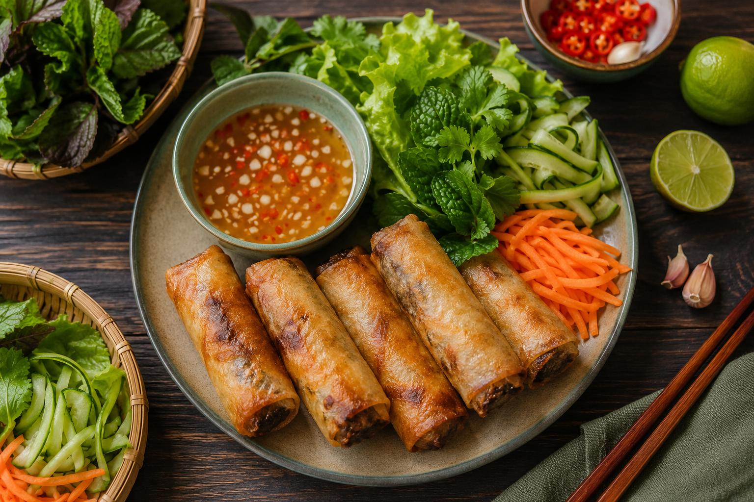 Vietnamese loempia’s met frisse kruidensalade en nuoc cham-stijl dipsaus.