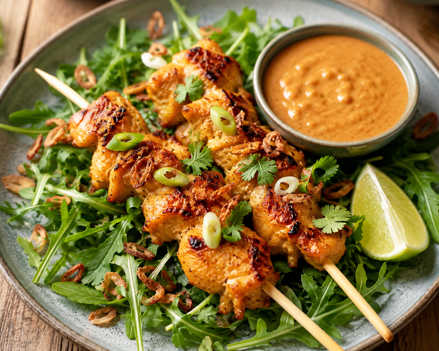 Thaise kipspiesjes met gefrituurde uitjes, lente-ui, rucola en Thaise satésaus.