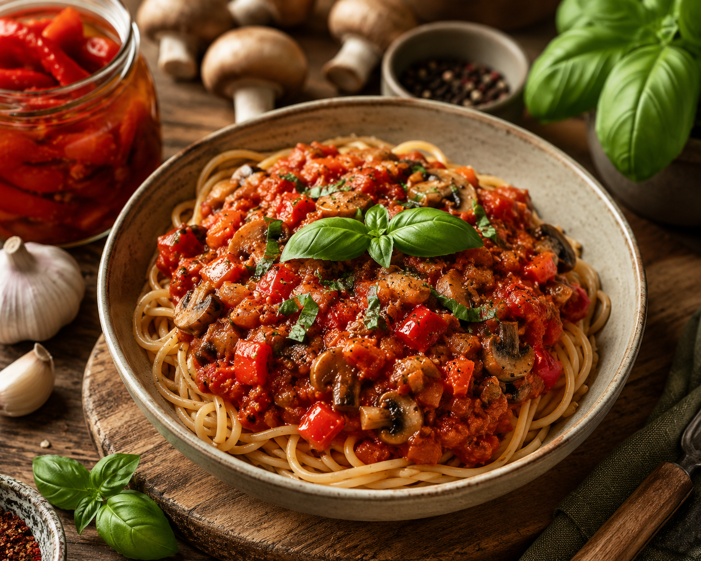 Vegan bolognese met champignons en gegrilde paprika.