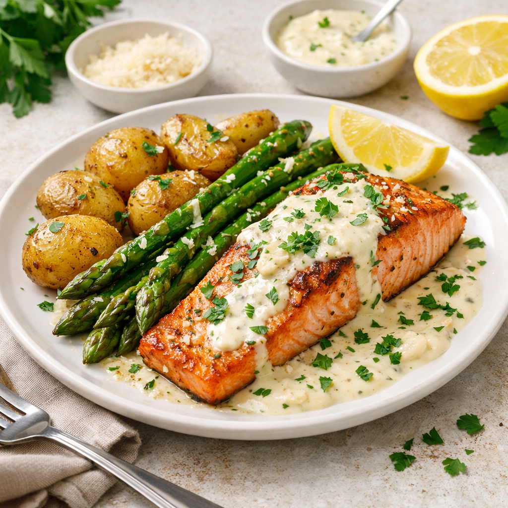 Romige Zalm met Groene Asperges en Krielaardappelen.
