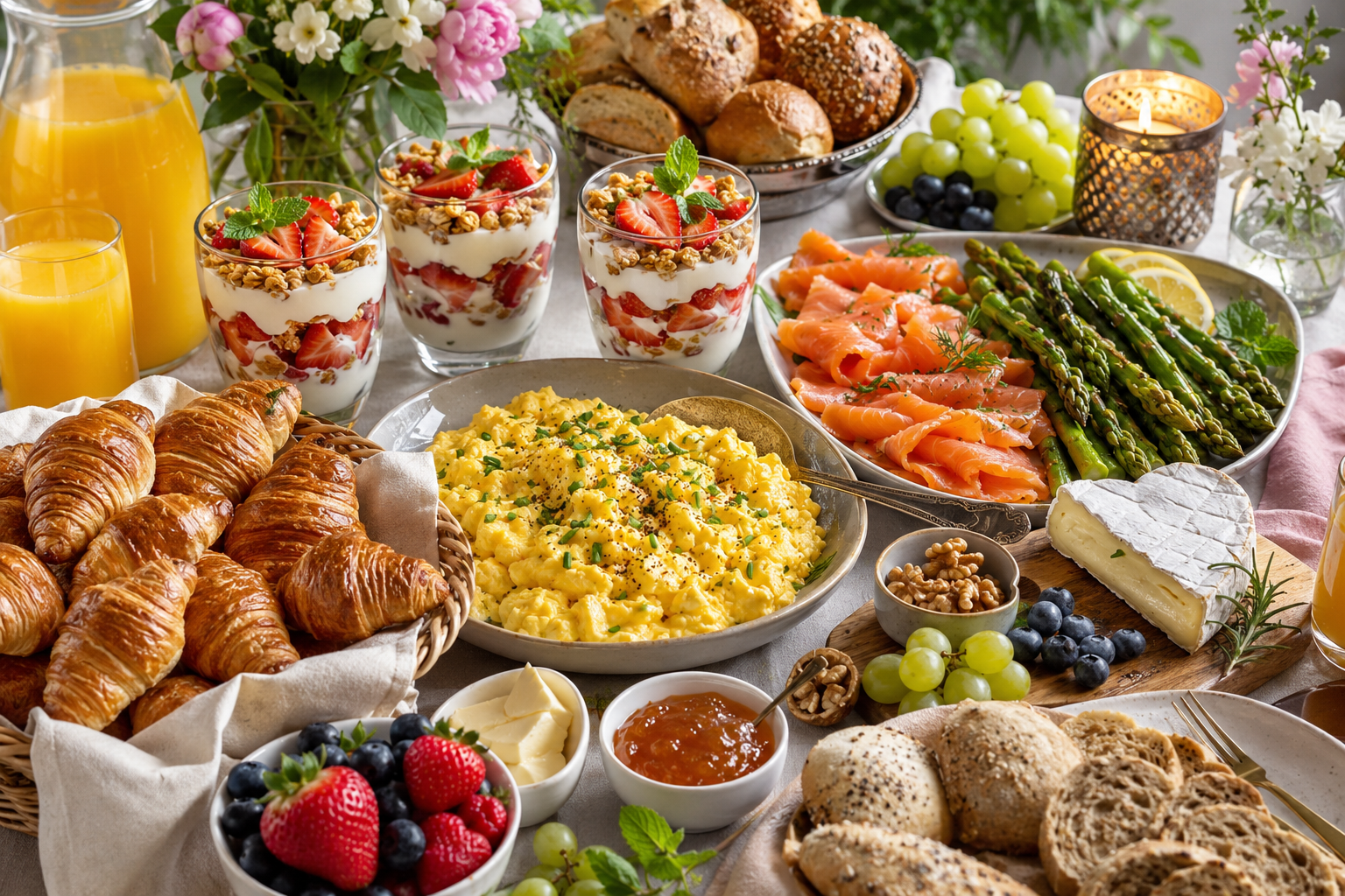 Luxe Pinksterontbijt met mini croissants, romige roerei, gerookte zalm, asperges en aardbeien-yoghurt parfait.