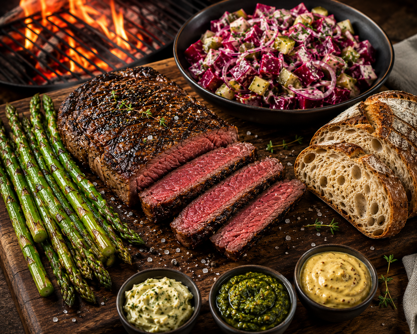 BBQ entrecote met rode bietensalade, gegrilde groene asperges en desem stokbrood.