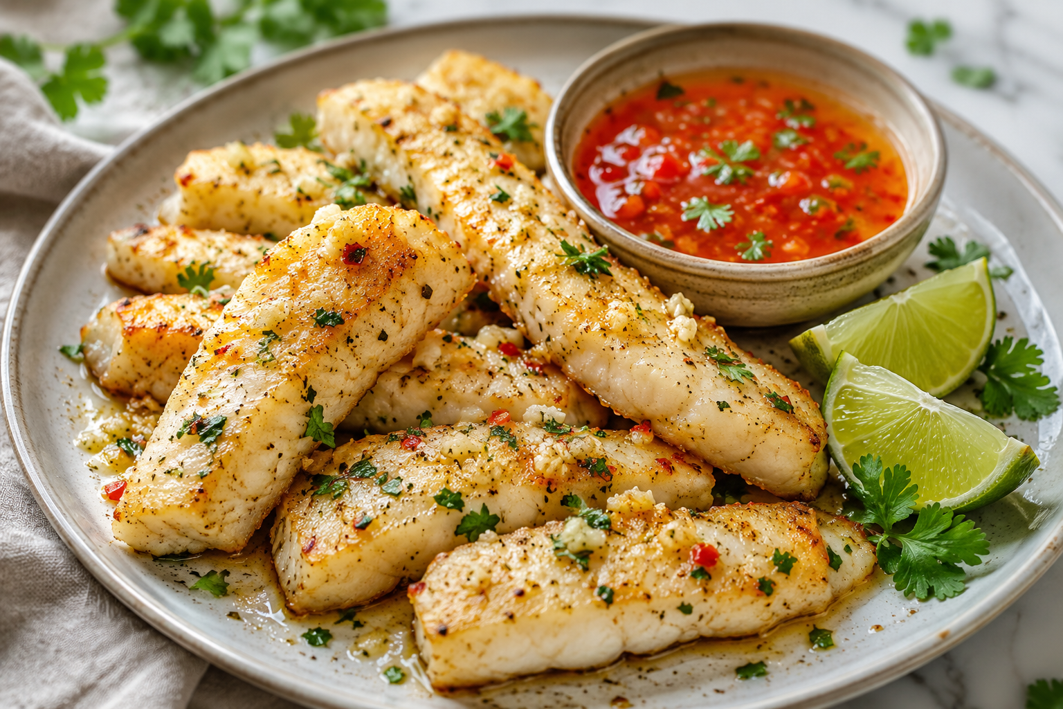 Garlic Butter Kabeljauwreepjes met Zoete Chili-Limoensaus.