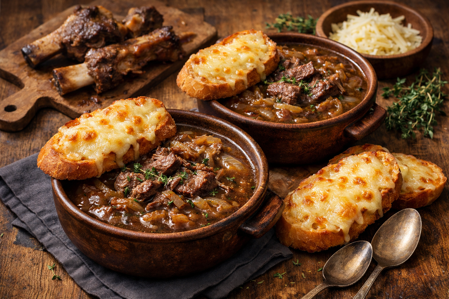 Franse uiensoep met short ribs en gegratineerde Gruyère toast.