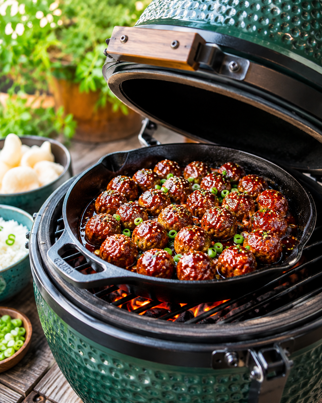 Oosterse kipballetjes in hoisin-chilisaus van de kamado.