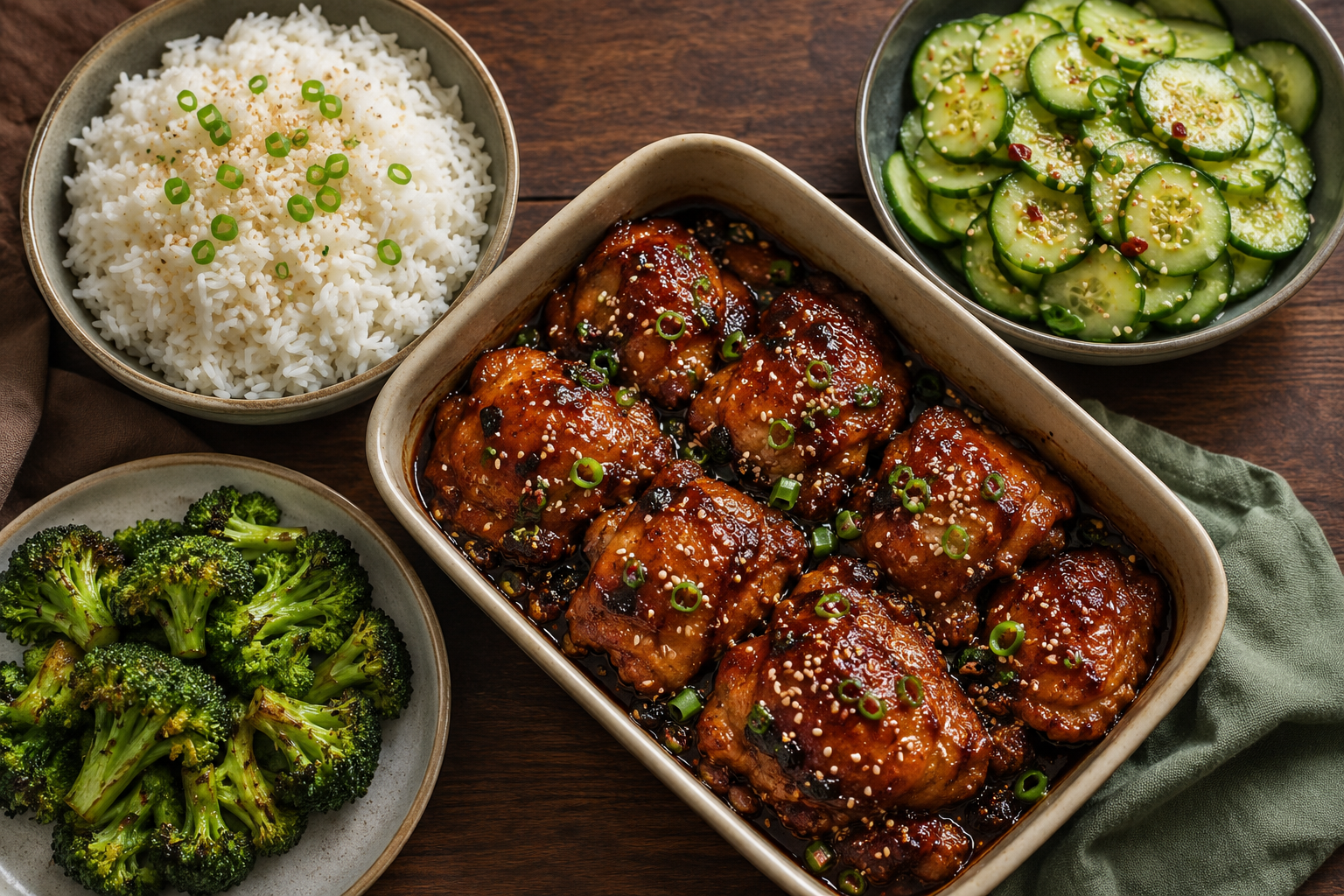 Sticky Honing Ketjap Kip uit de Oven met Kokosrijst, Komkommer-Sesamsalade en Geroosterde Broccoli.