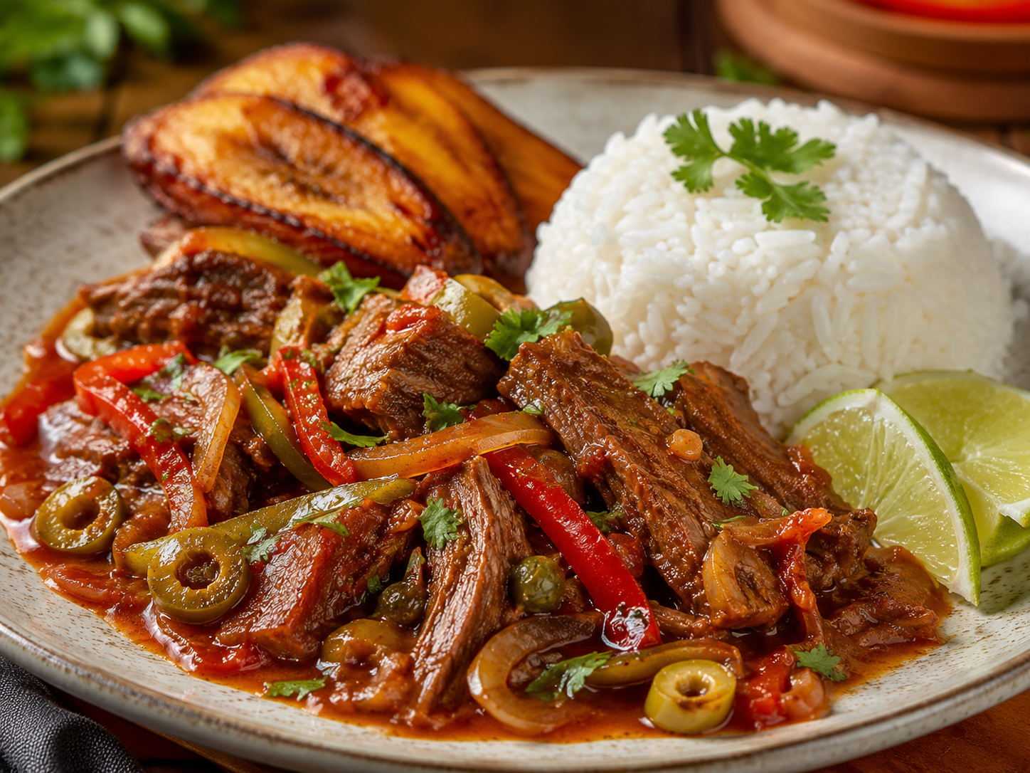 Cubaans gestoofd rundvlees met paprika, olijven en rijst.