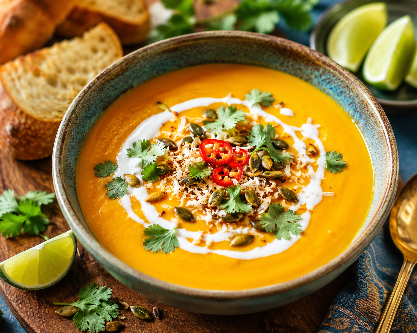 Antilliaanse pompoensoep met gember, kokos en piment.