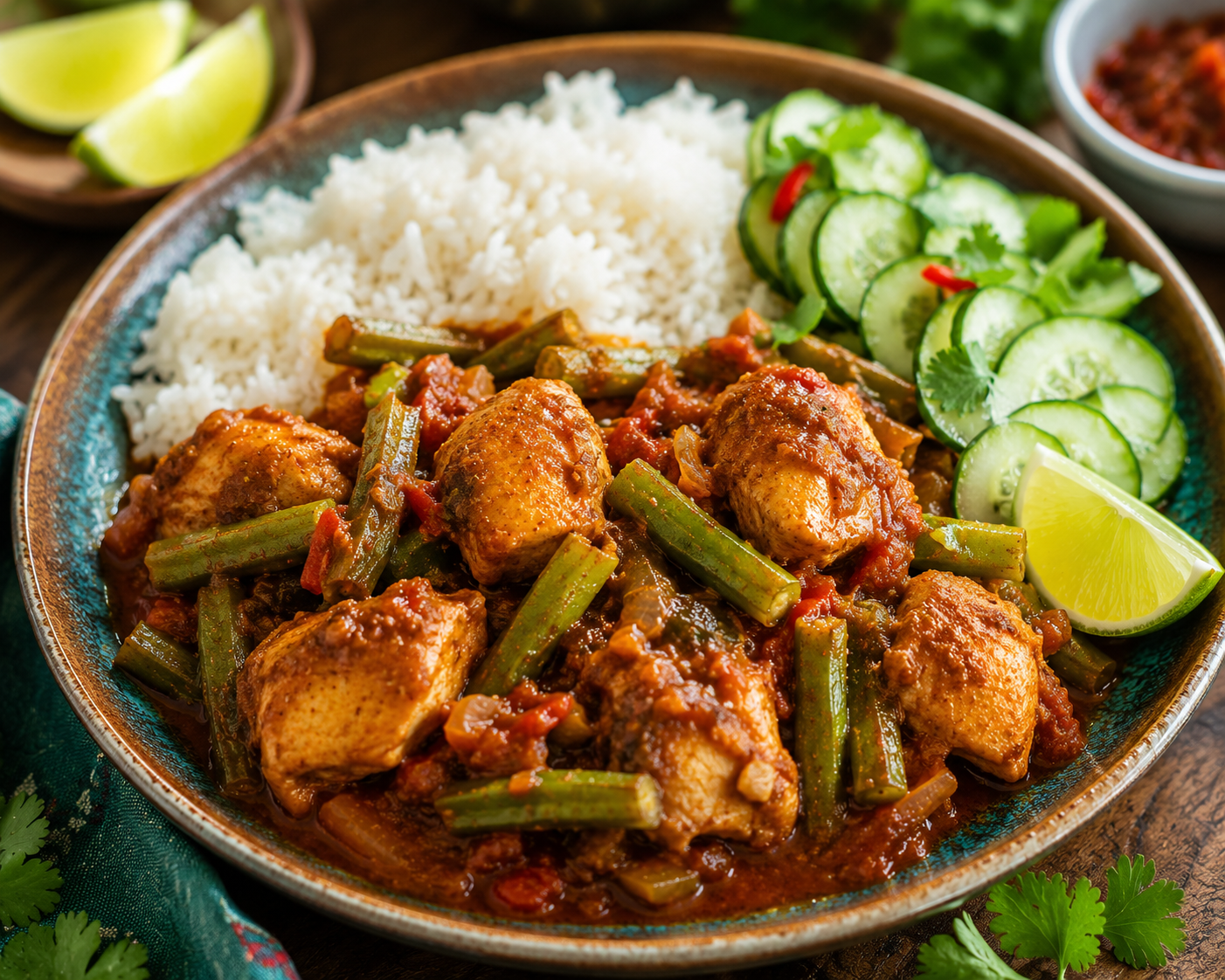 Surinaams-Caribische kip met masala, kousenband en rijst.