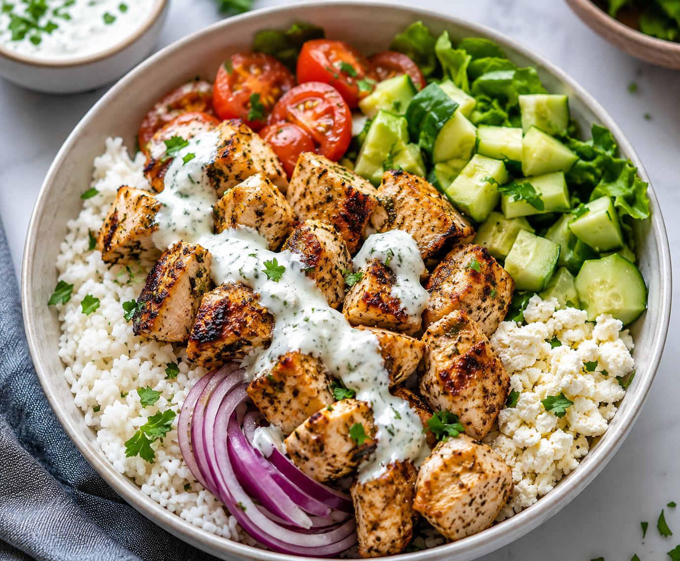 Griekse Kip Souvlaki Bowl met Knoflooksaus.