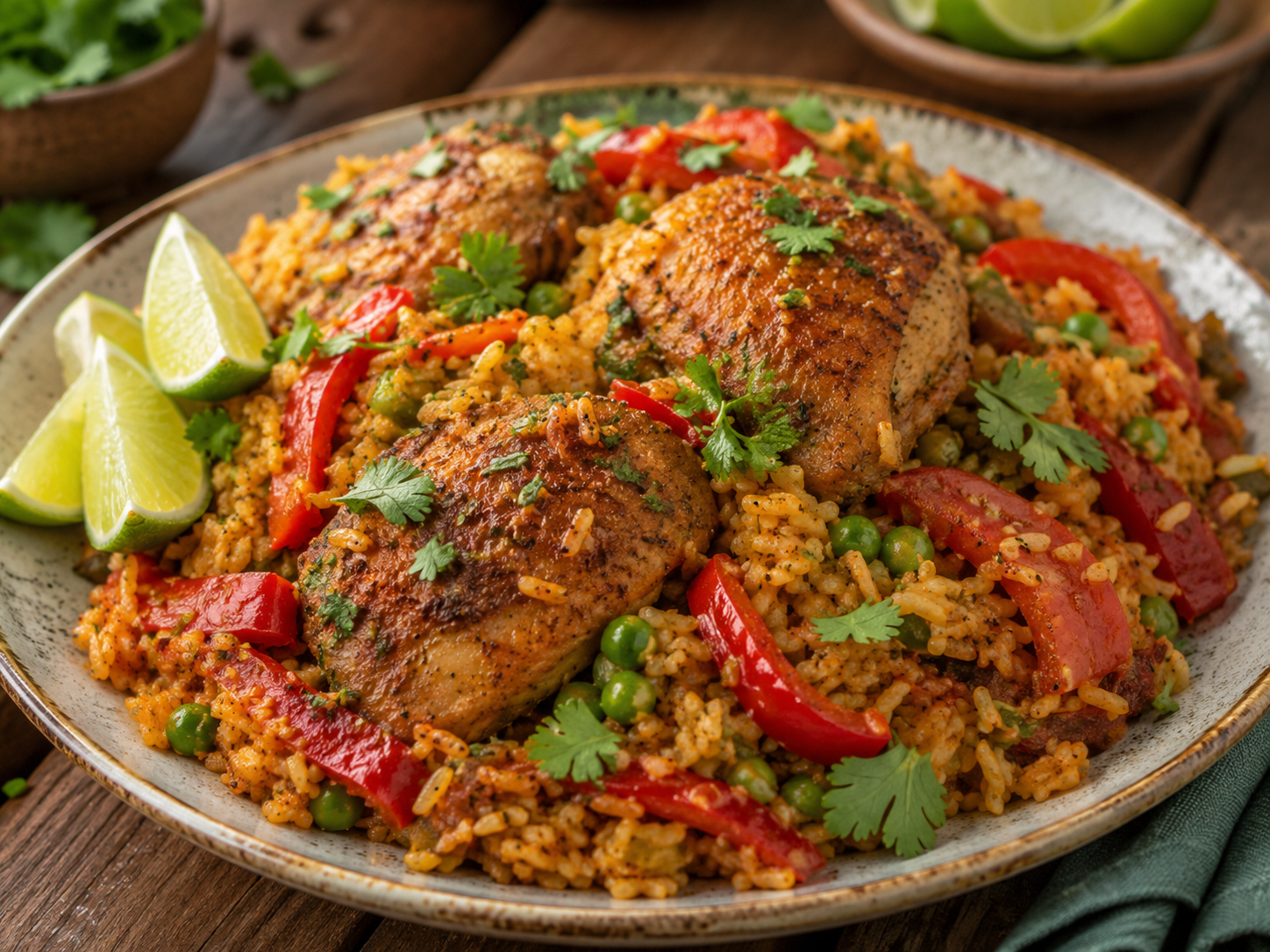 Puerto Ricaanse arroz con pollo met sofrito, erwten en geroosterde paprika.