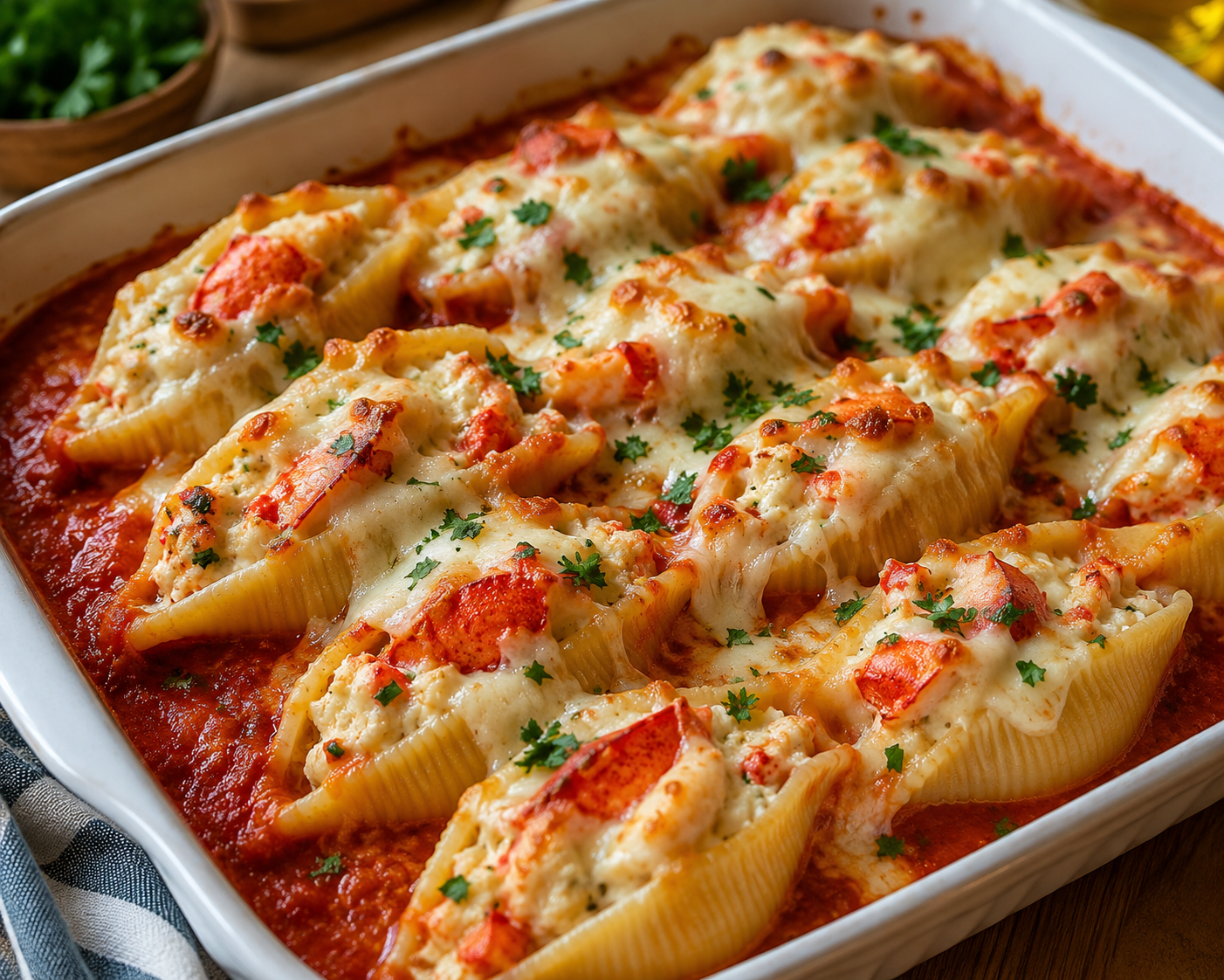 Gevulde Pastaschelpen met Kreeft en Ricotta.