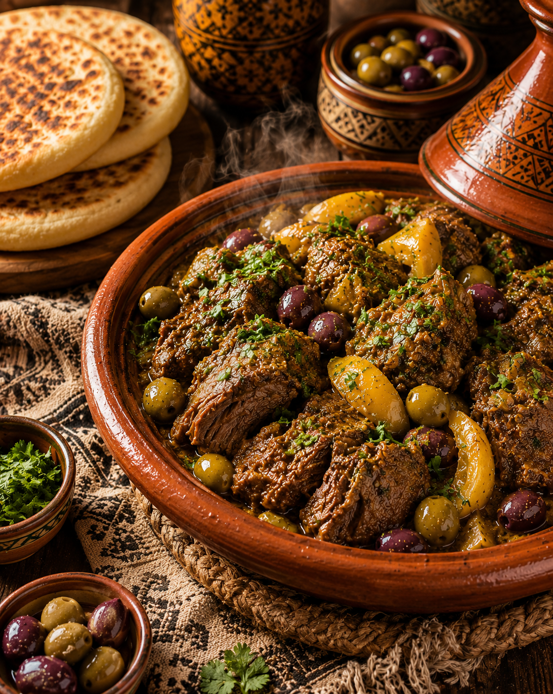 Marokkaanse Tajine met Rundvlees, Olijven en Ingelegde Citroen.