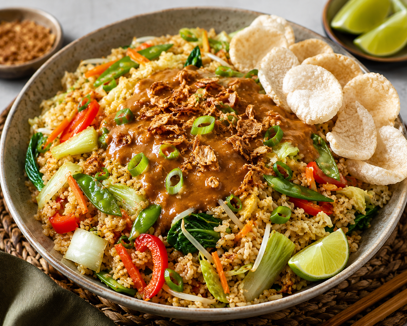 Nasi met oosterse groenten, satésaus en cassave kroepoek.