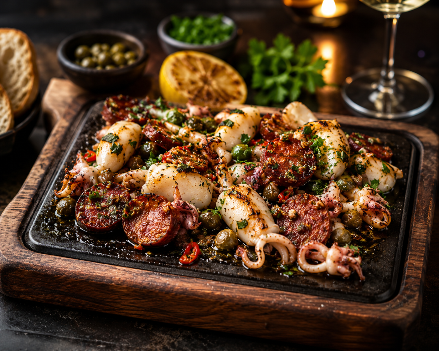 Chorizo-inktvisjes à la plancha.