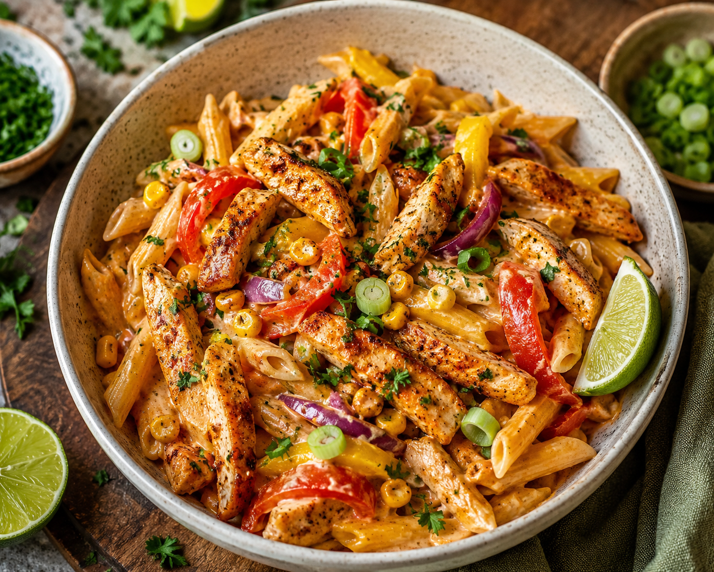 Cajun kip en pasta bowl.