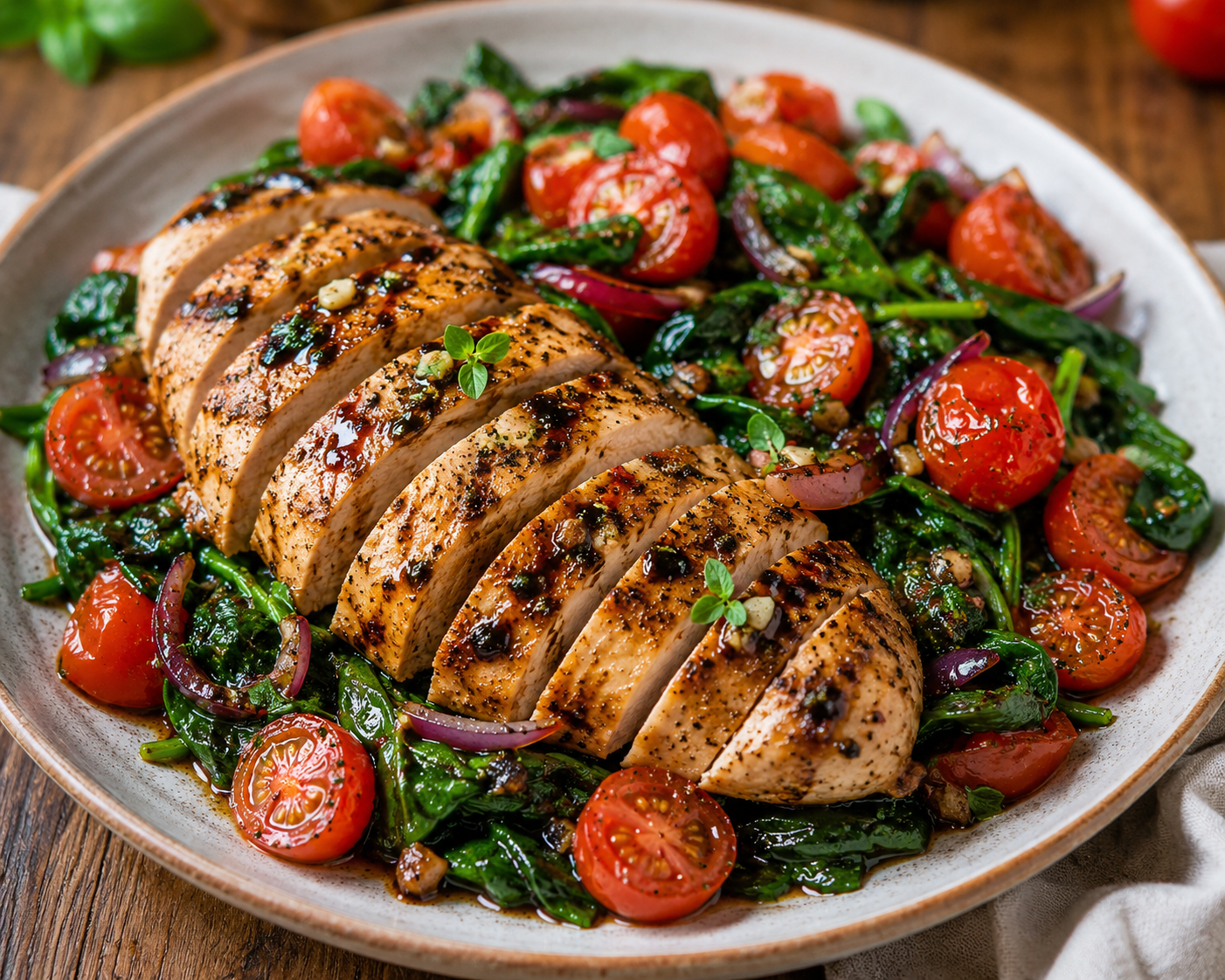 Balsamico Kipfilet met Spinazie en Tomaten.