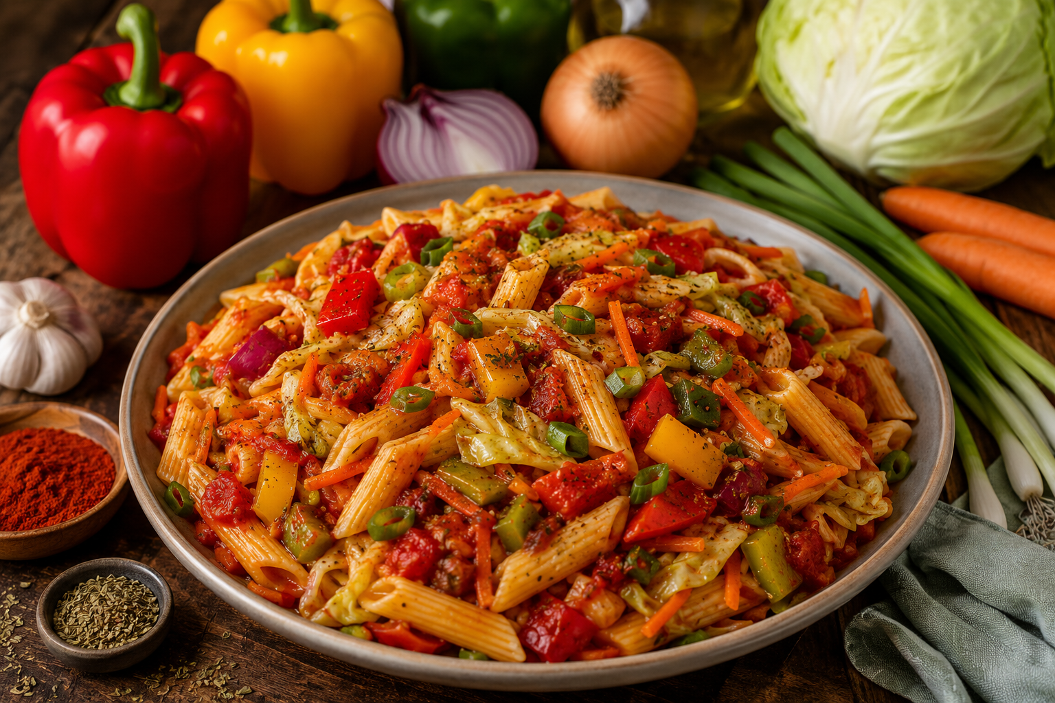 Italiaanse groente-pastasaus met spitskool en paprika.