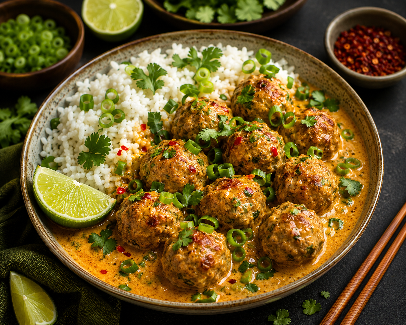 Kokos kipgehaktballetjes in gele curry met rijst.