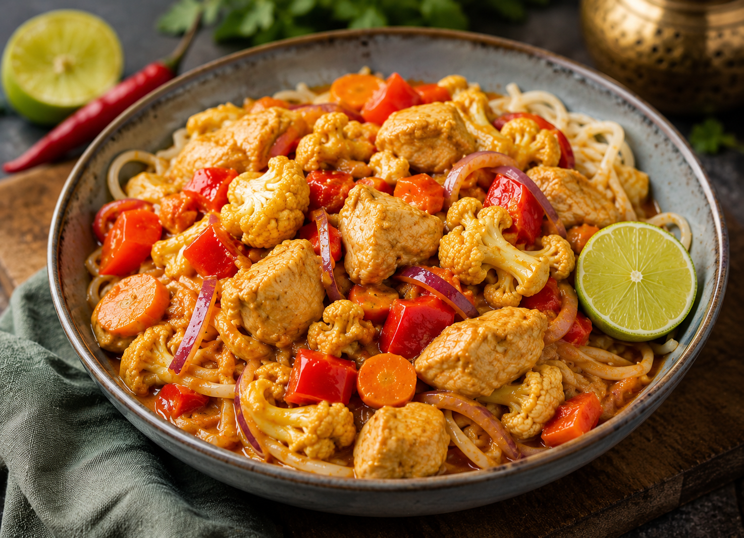 Curry Madras met Kip, Bloemkool en Woknoedels.