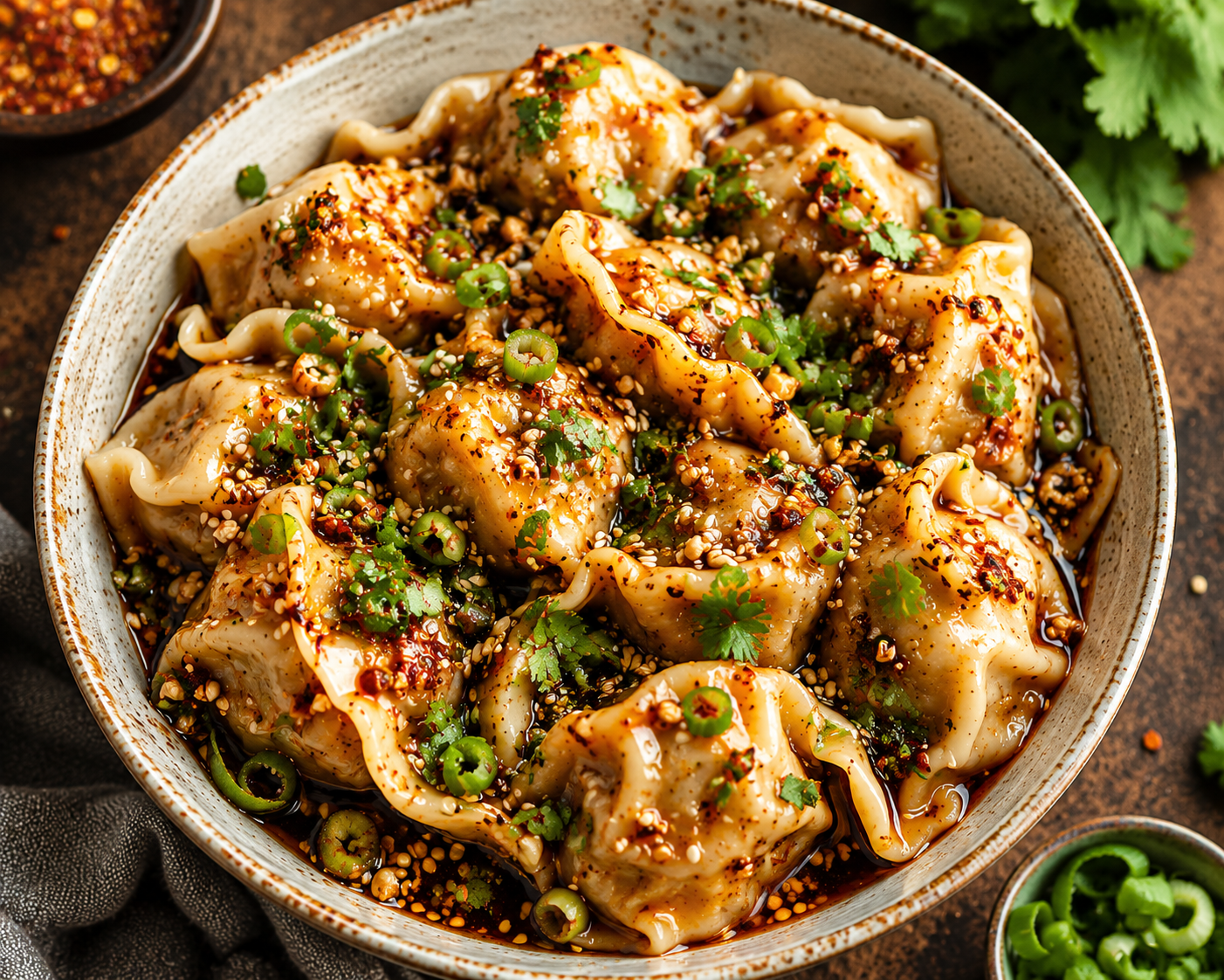 Pittige Dumplings met Knoflook-Chili Olie.