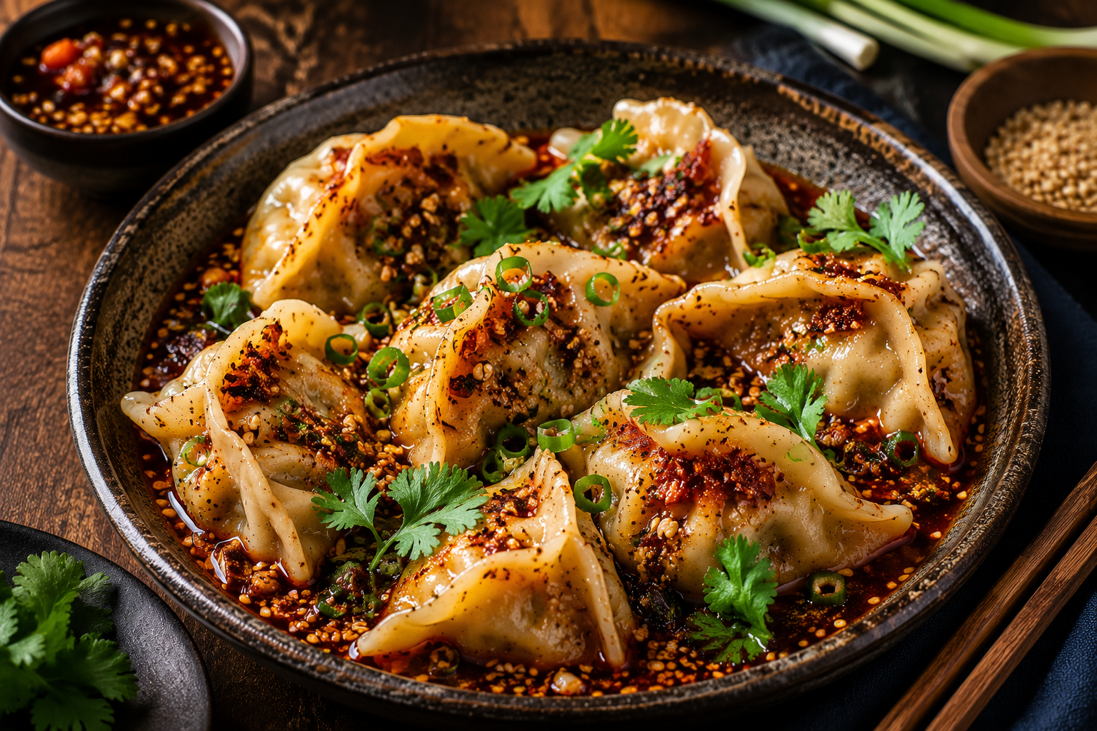 Sichuan Dumplings in Rode Chili-Olie (Zhong Shui Jiao).