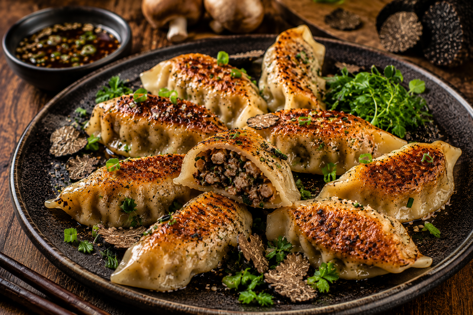 Dumplings met Paddenstoelen en Truffel.