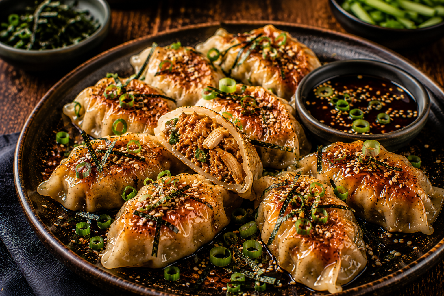 Dumplings met Pulled Chicken en Teriyaki.