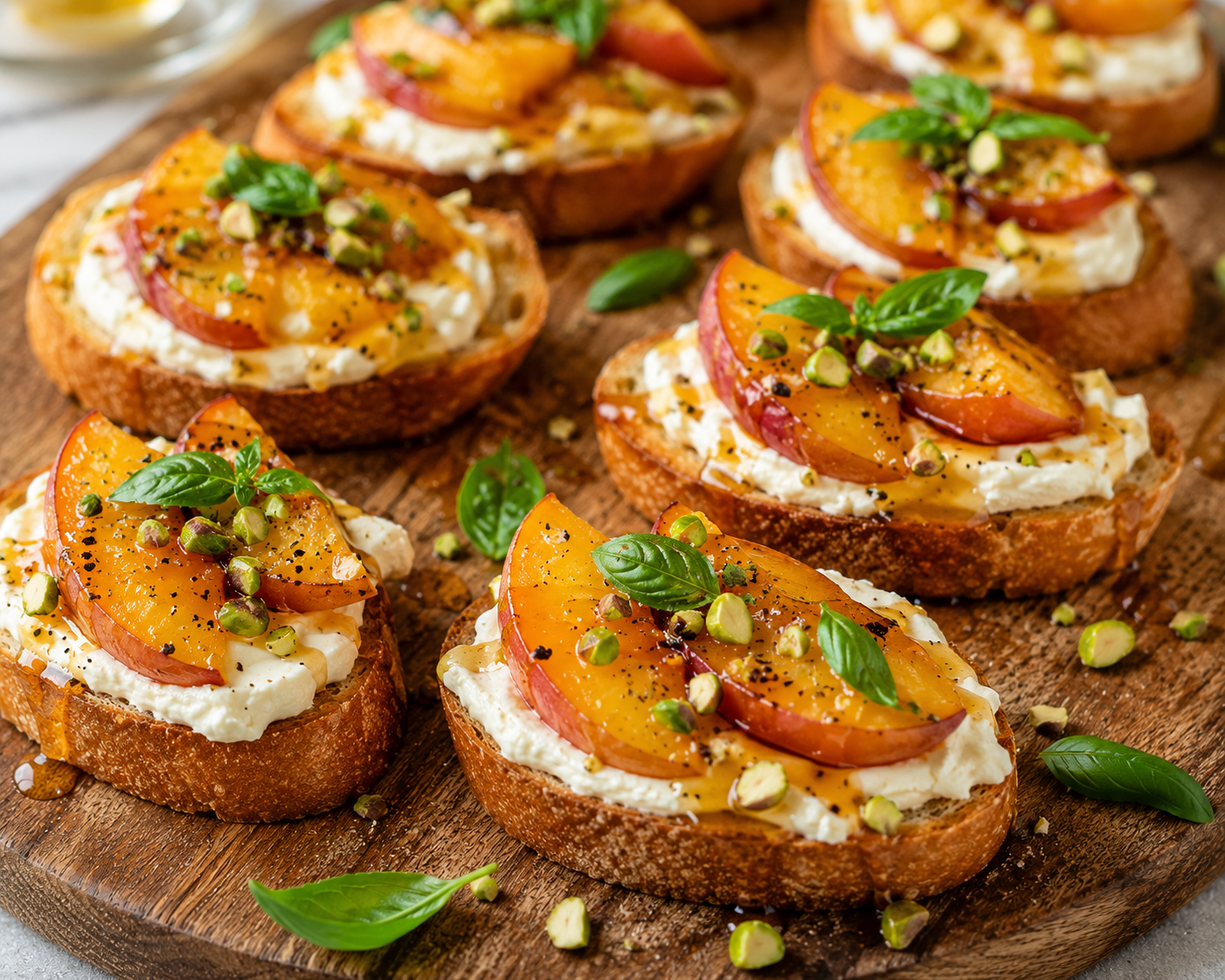 Crostini met luchtige brie, geroosterde perzik, zwarte peper en pittige honing-basilicumdressing.