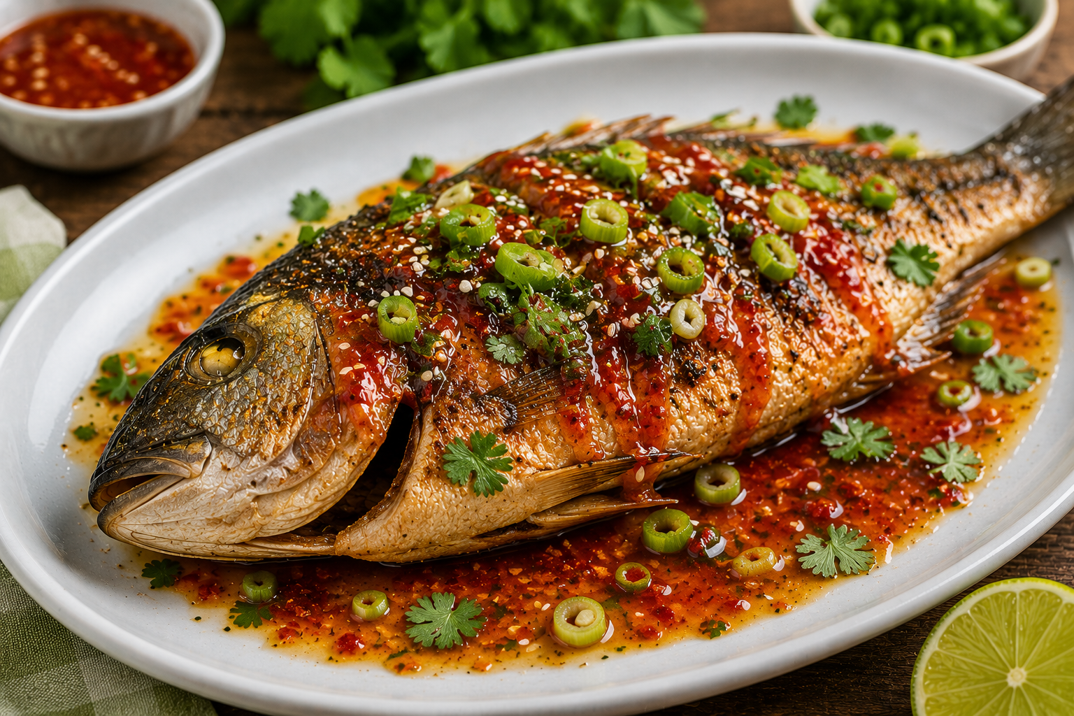 Krokante Dorade met Zoete Chilisaus.