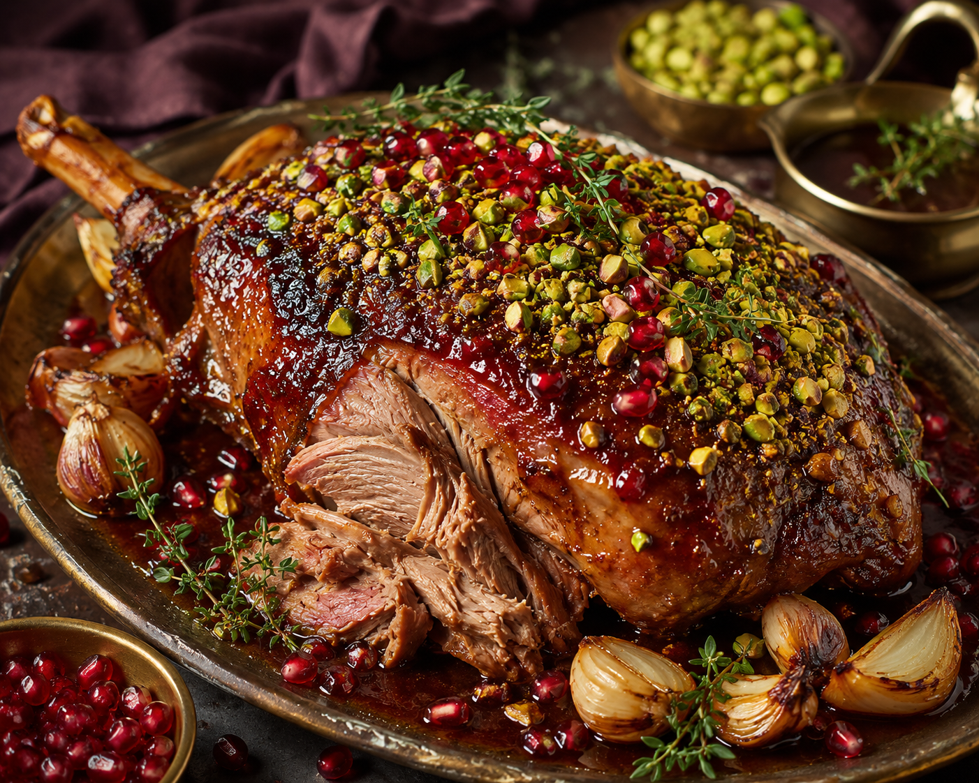 Koninklijke Lamsschouder met Granaatappelglazuur, Pistachekorst en Tijmjus.