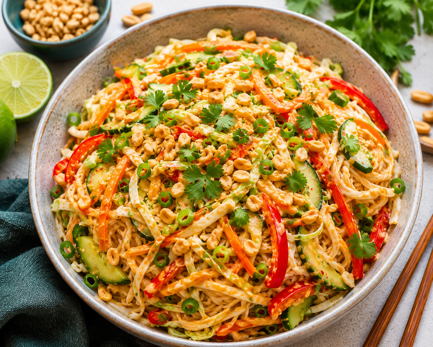 Pittige Thaise Noedelsalade met Pindadressing.