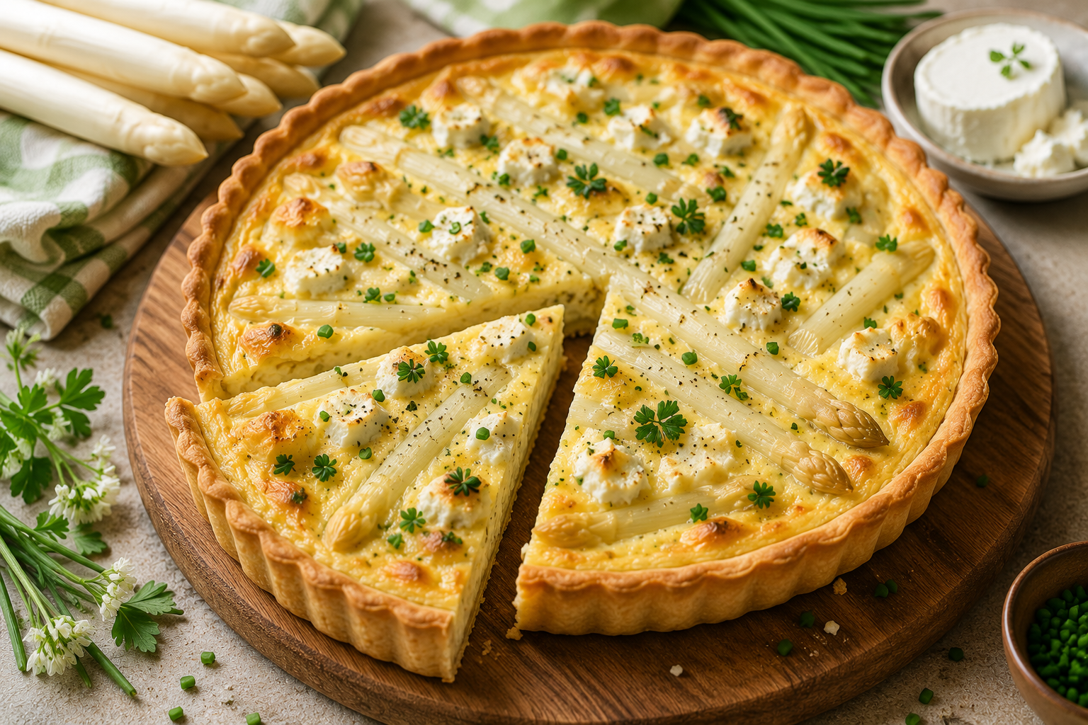 Aspergequiche met geitenkaas.