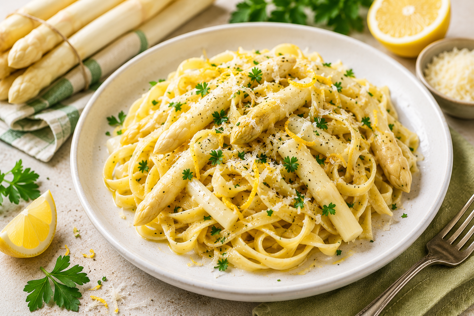 Pasta met asperges en citroen.