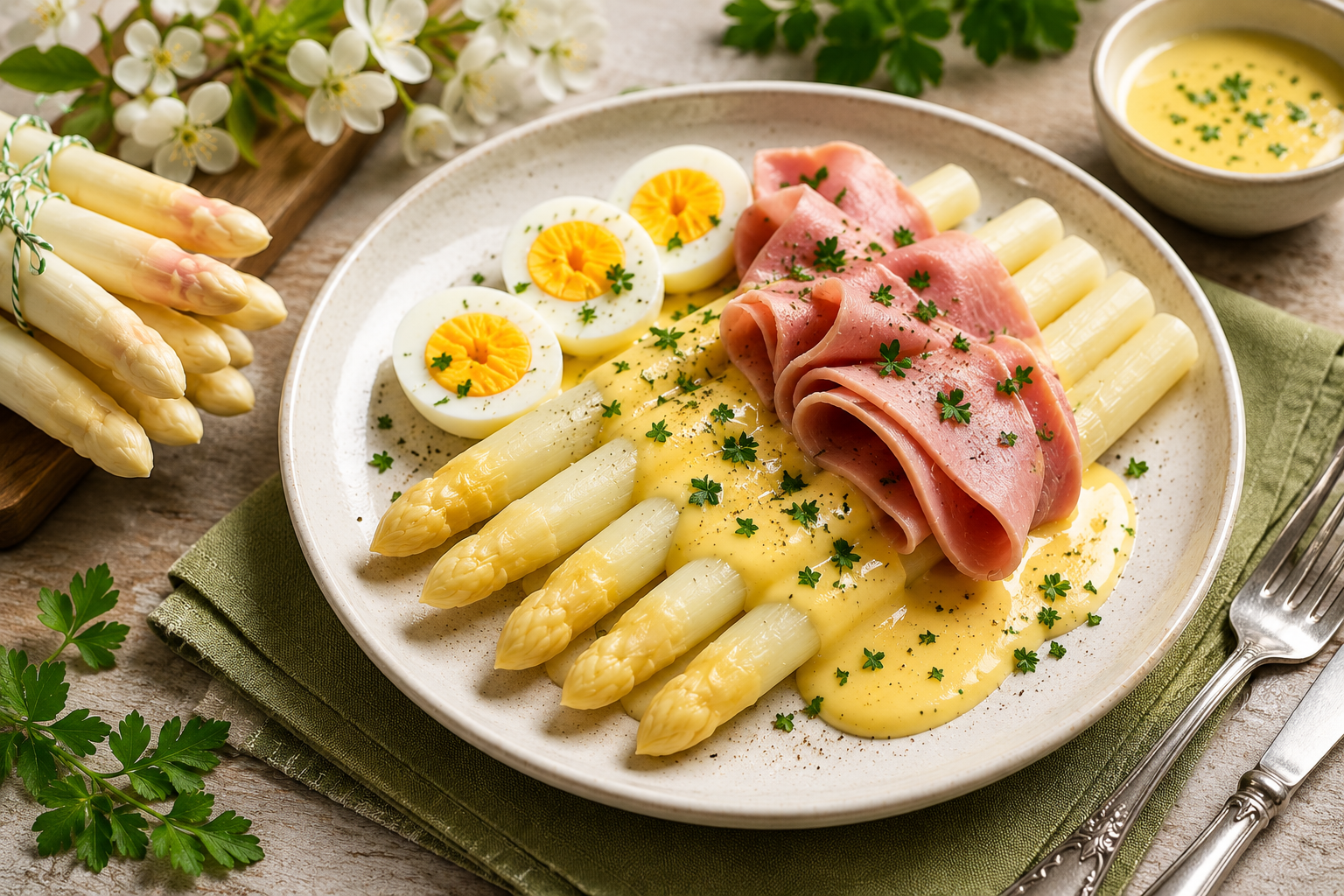 Asperges met ham, ei en botersaus.