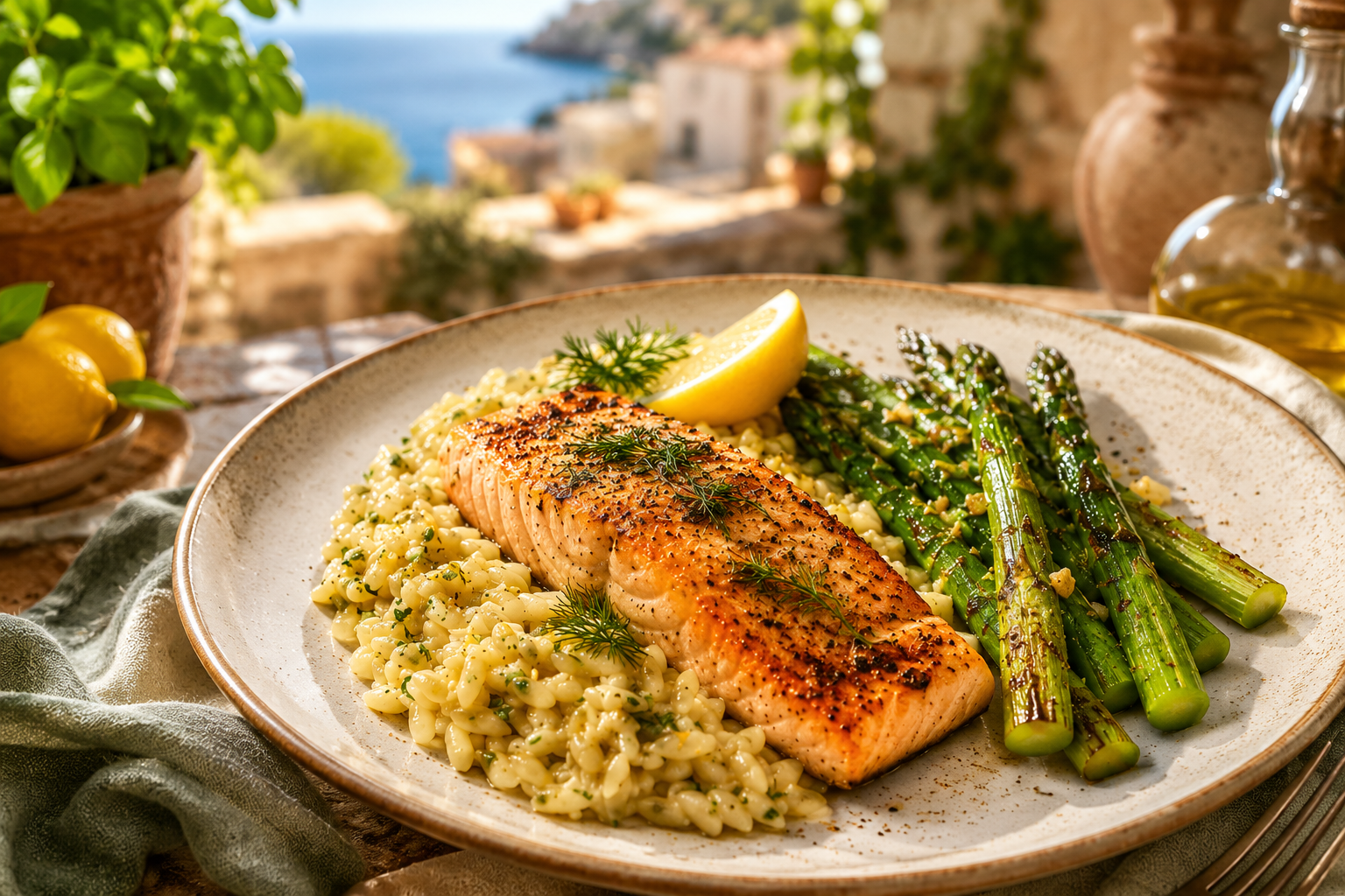 Gegrilde zalm met citroen-orzotto, groene asperges en dille.