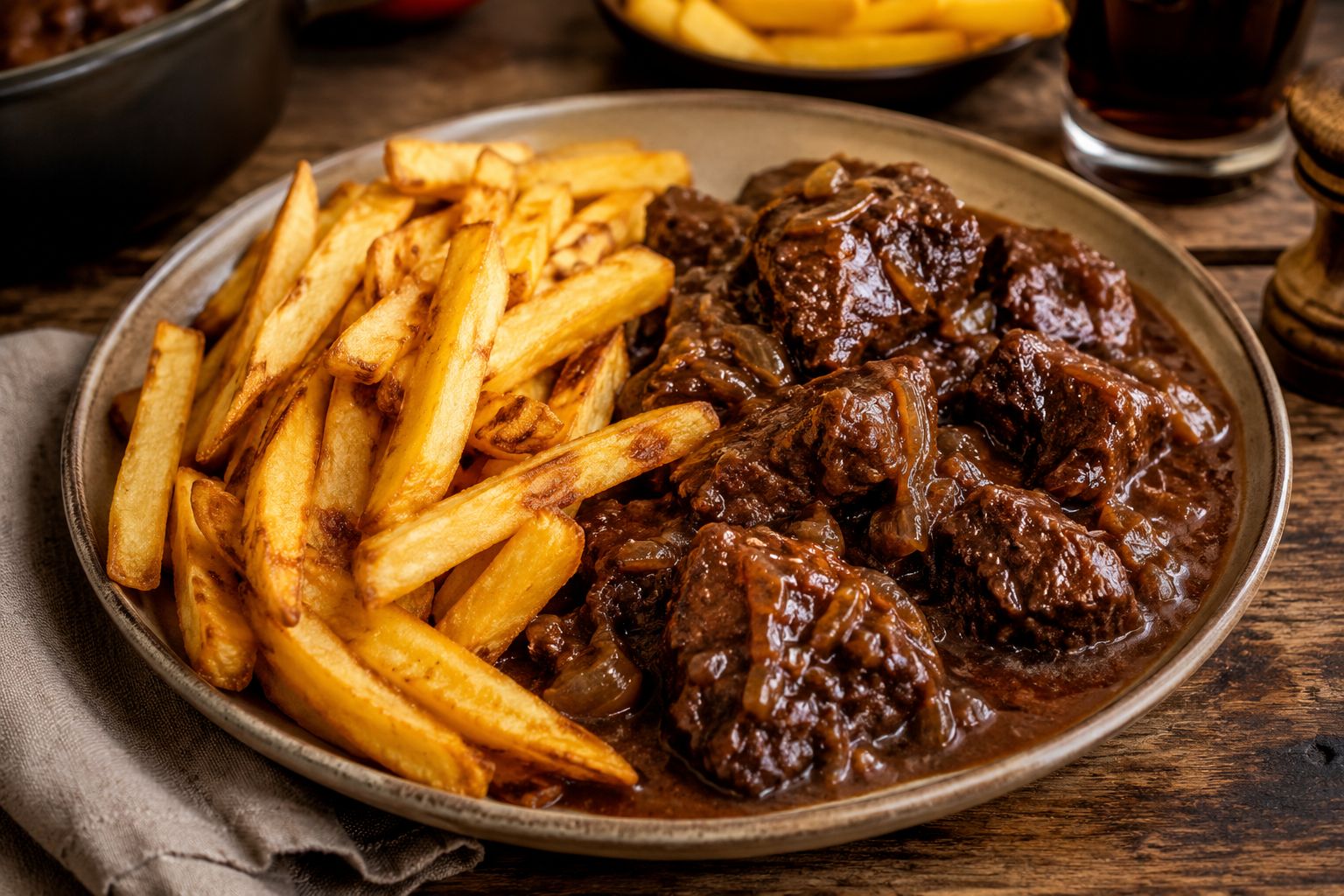 Runderstoof op Vlaamse wijze met huisgemaakte frieten.