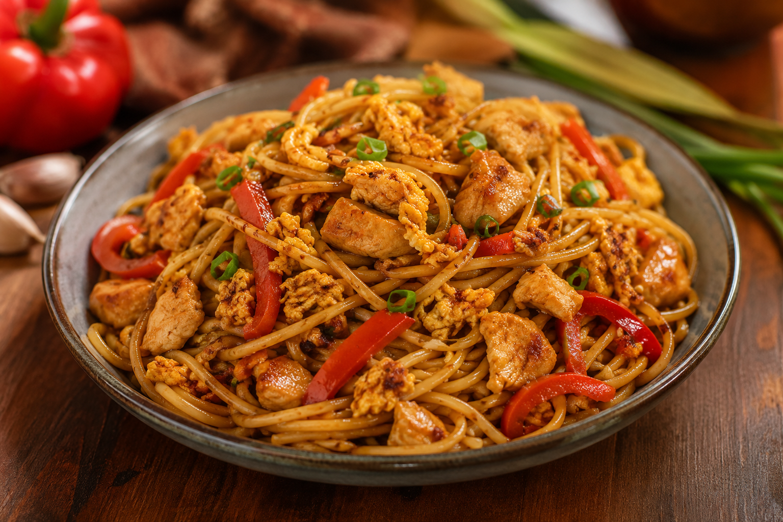 Indonesische Spaghetti met Kip.