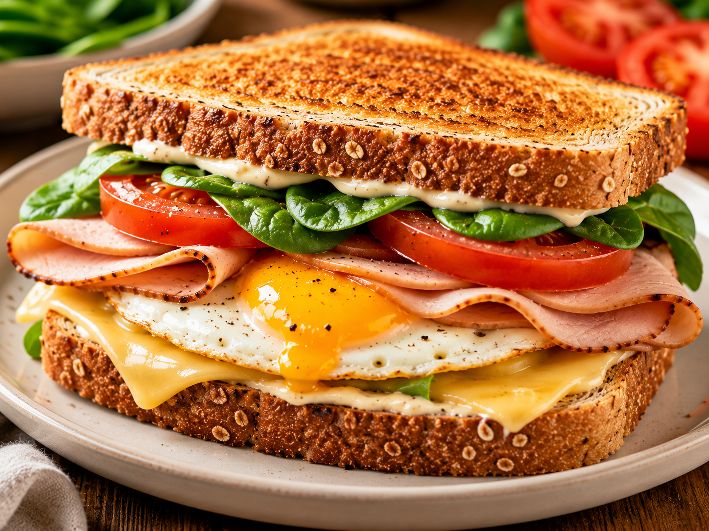Kalkoen-Ei-Kaas Sandwich.